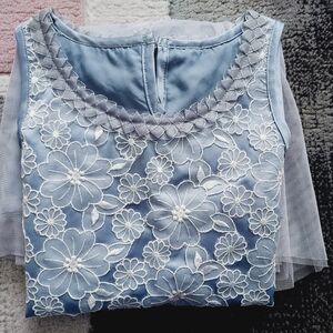 Korea Blue Grey pretty Floral Embroidered Dress